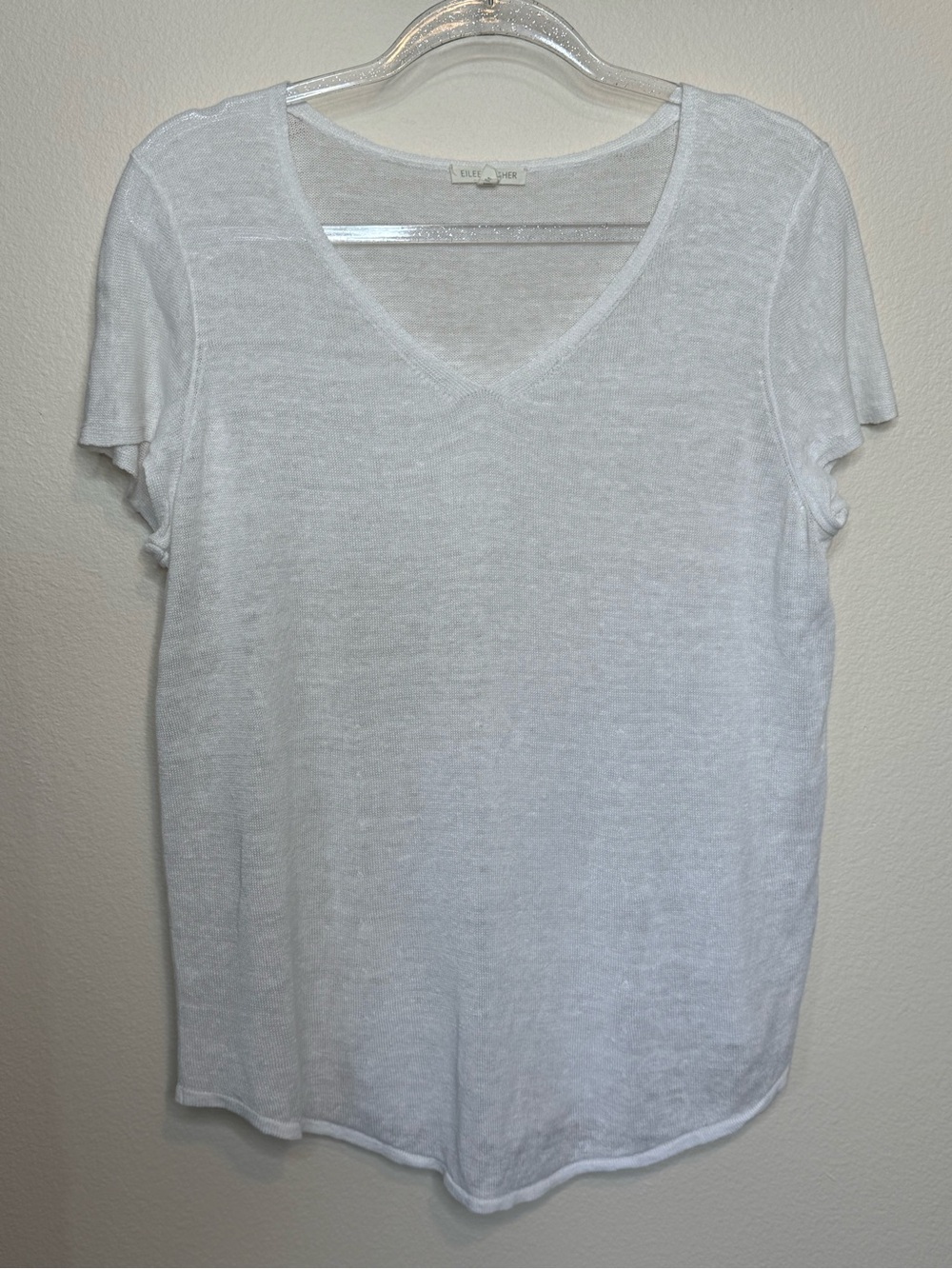 Eileen Fisher White V-Neck Short Organic Linen Lightweight Sweater Large